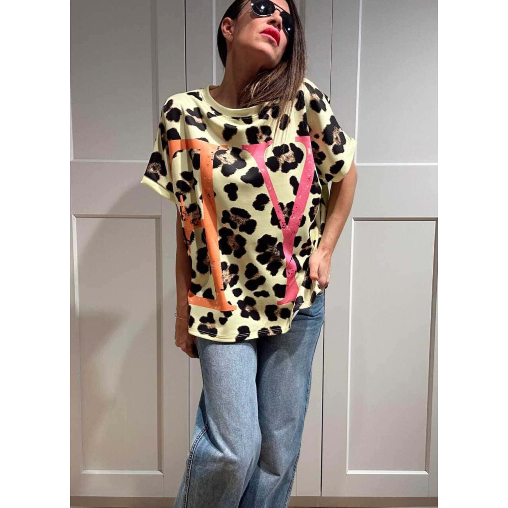 Camiseta Oversize Animal Print YEAH Amarillo HEVE
