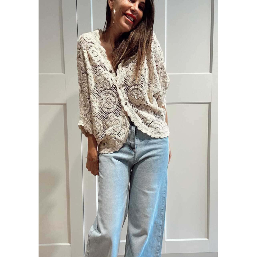 Cárdigan Crochet Murciélago RILMA Beige HEVE