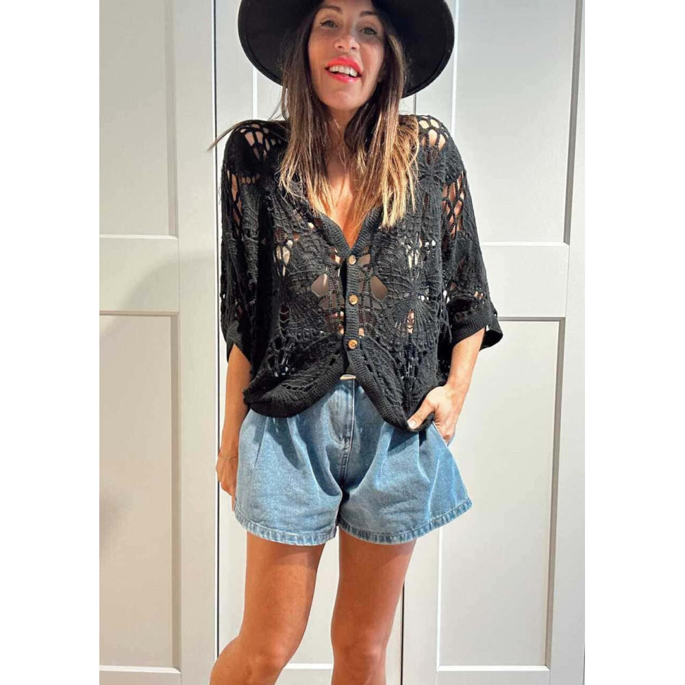 Cárdigan Crochet Murciélago SABIELA Negro HEVE