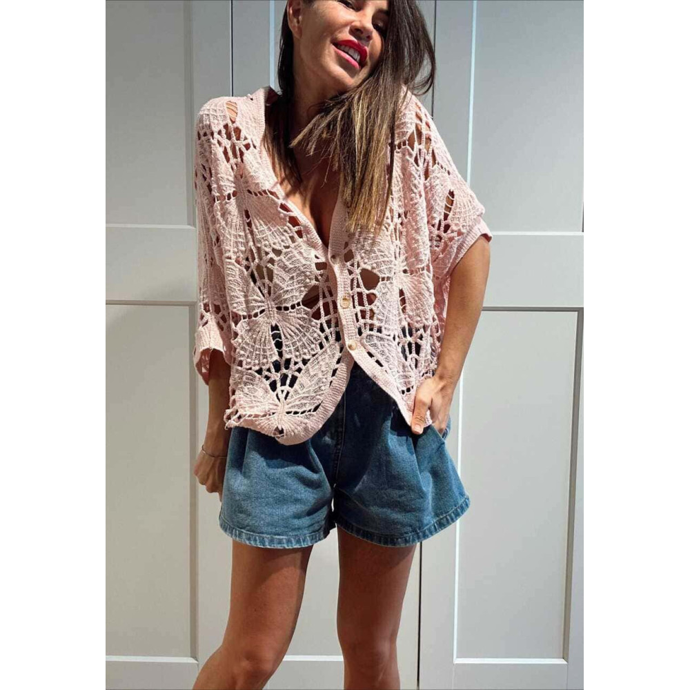 Cárdigan Crochet Murciélago SABIELA Rosa HEVE