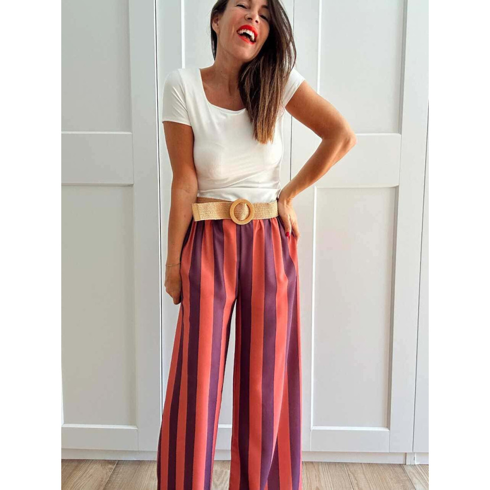 Pantalón Rayas con Cinturón HYALINE Terracota HEVE