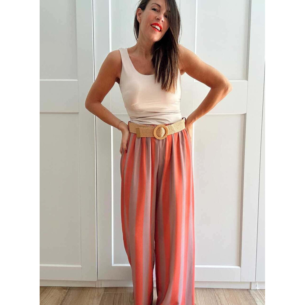 Pantalón Rayas con Cinturón HYALINE Taupe HEVE