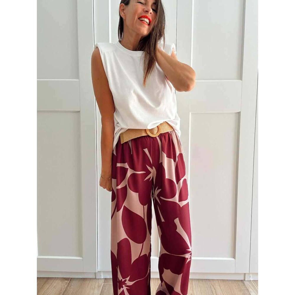 Pantalón Flores con Cinturón MABEY Burdeos HEVE