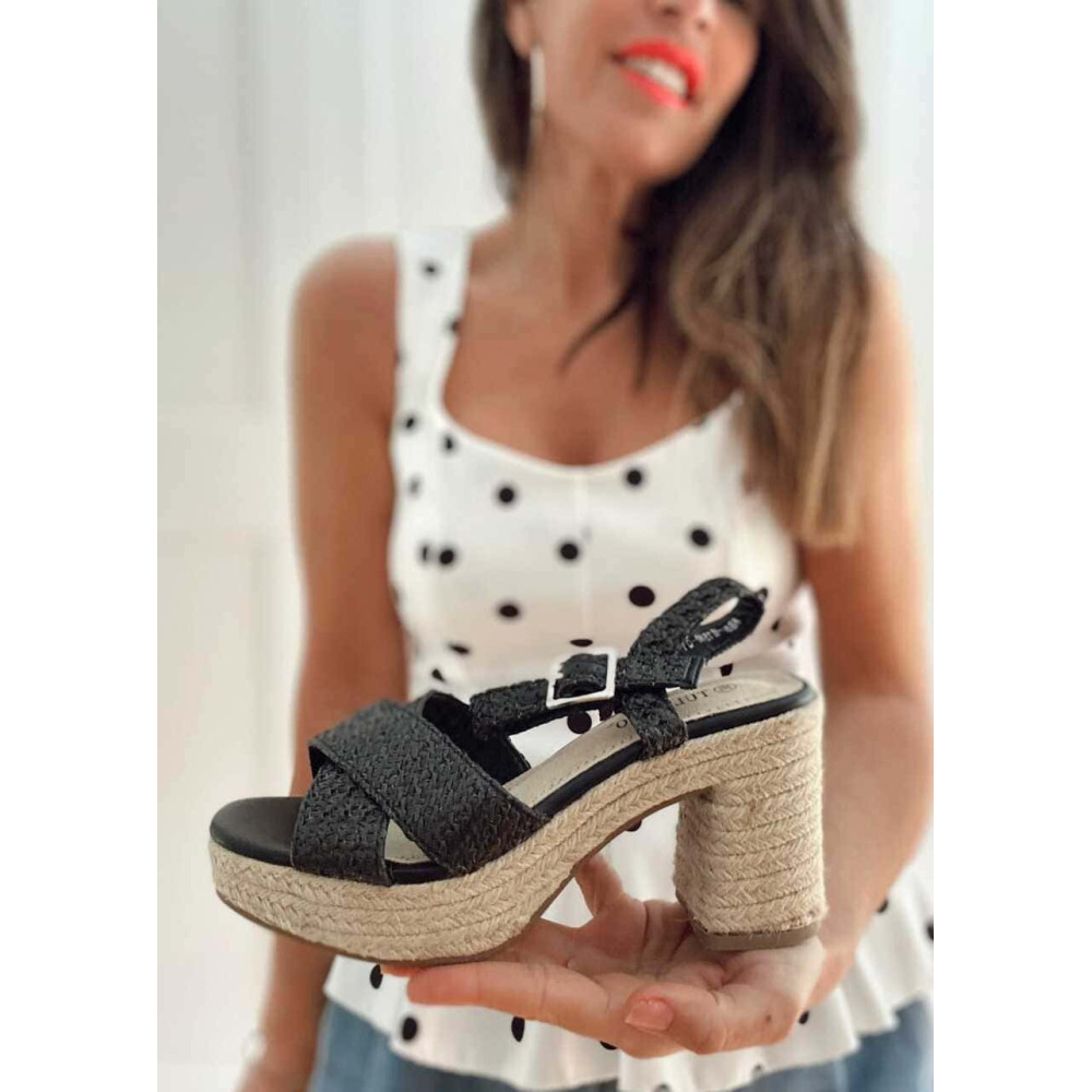 Sandalia Rafia con Tacón y Plataforma NARENZA Negro HEVE