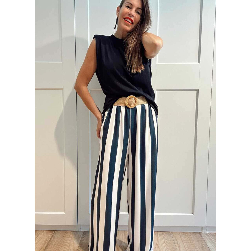 Pantalón Rayas con Cinturón HYALINE Marino HEVE