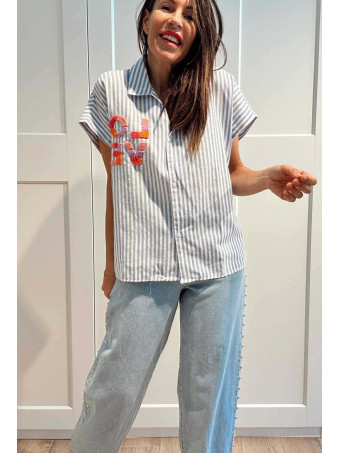 Camisa Rayas Manga Corta LOVE Azul HEVE