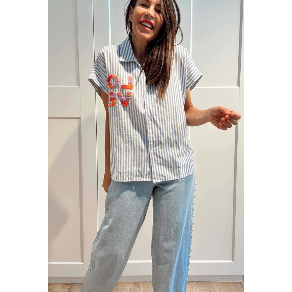 Camisa Rayas Manga Corta LOVE Azul HEVE
