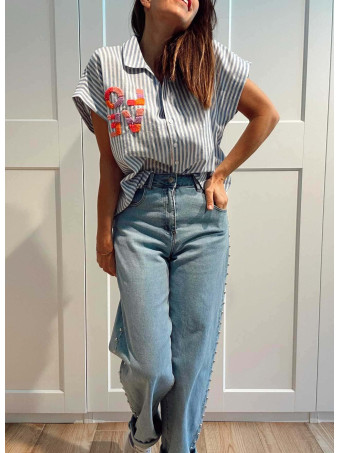 Camisa Rayas Manga Corta LOVE Azul HEVE