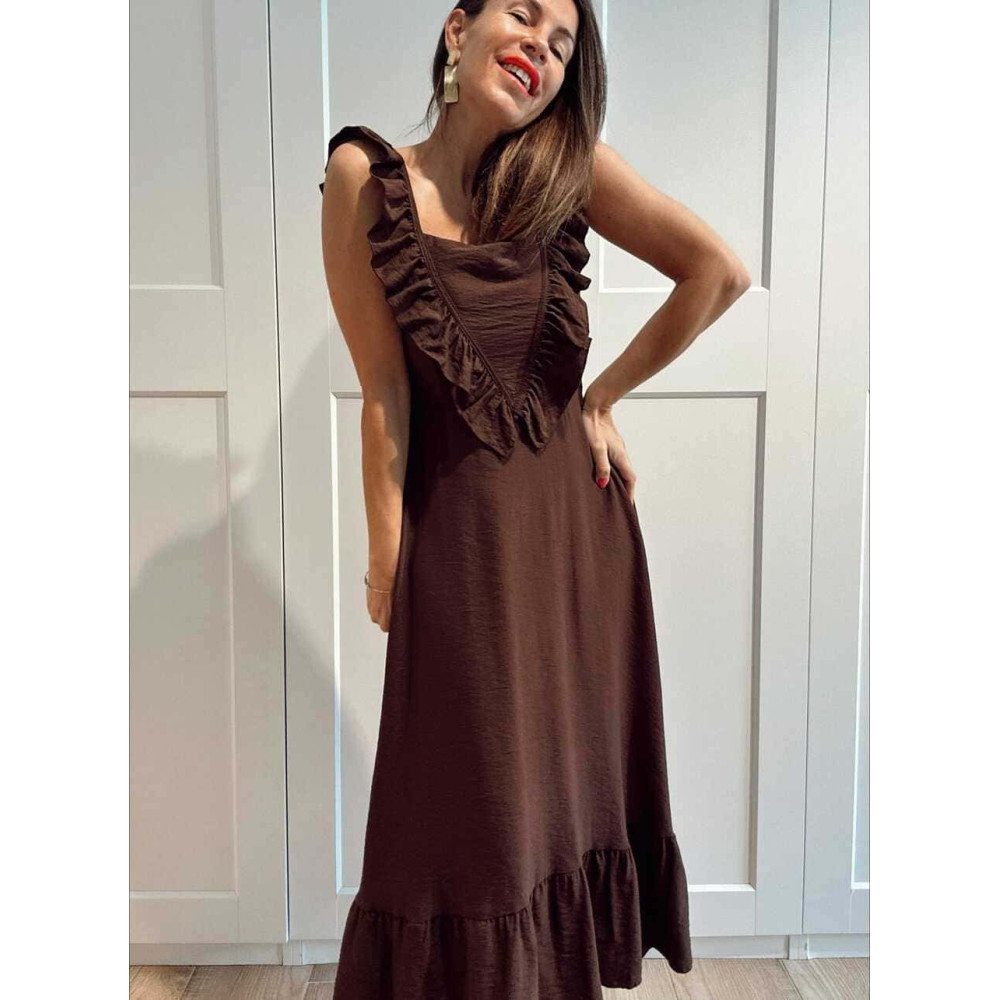 Vestido Largo Volantes VIANORA Marrón HEVE