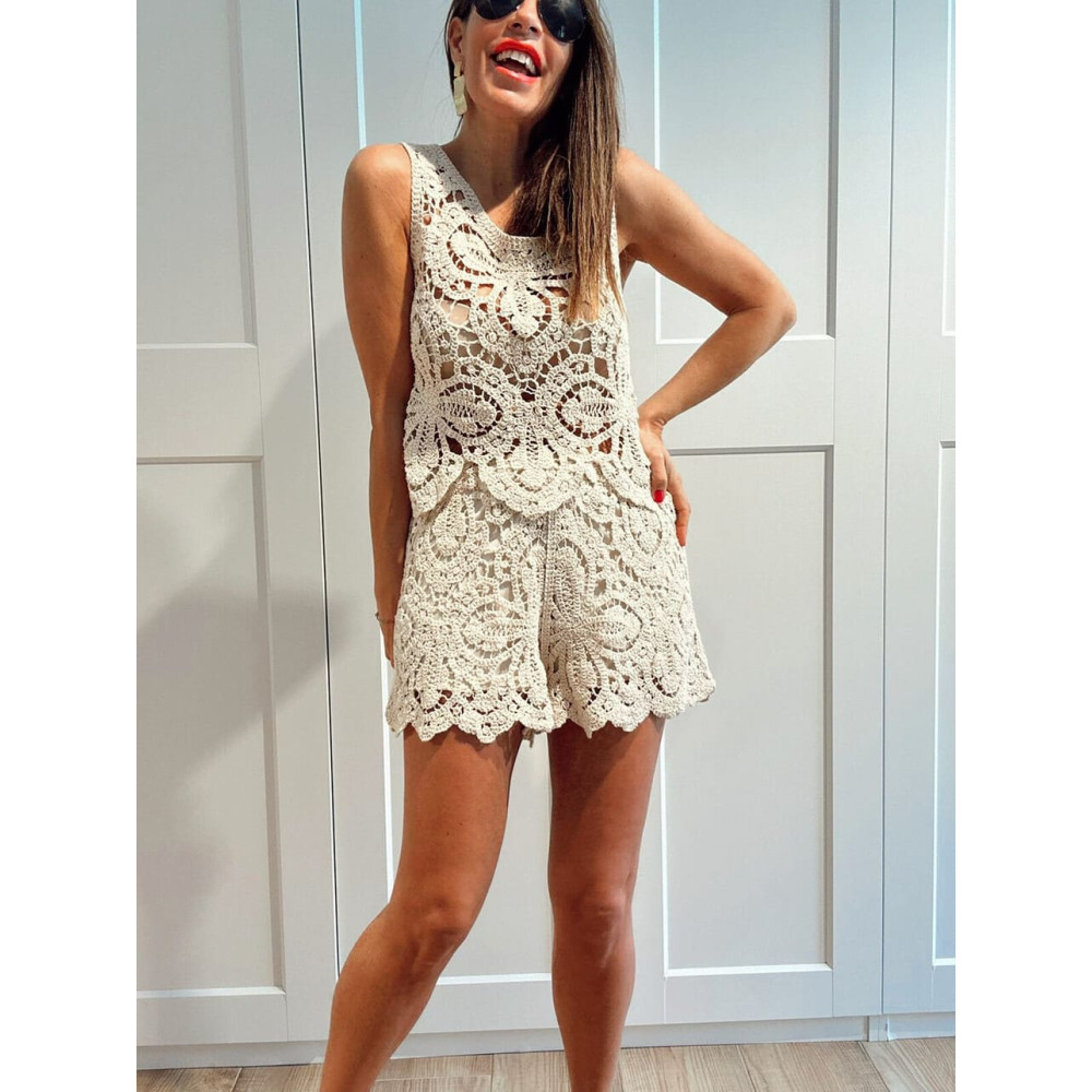 Conjunto Top y Short Crochet THALEYA Beige HEVE