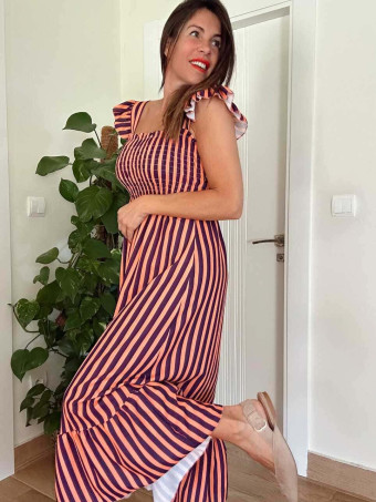 Vestido Rayas Nido de Abeja TIDALYA Berenjena/Coral HEVE