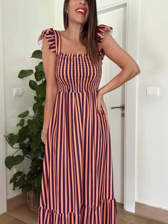 Vestido Rayas Nido de Abeja TIDALYA Berenjena/Coral HEVE