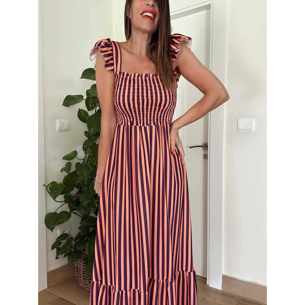 Vestido Rayas Nido de Abeja TIDALYA Berenjena/Coral HEVE