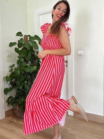 Vestido Rayas Nido de Abeja TIDALYA Rojo/Rosa HEVE