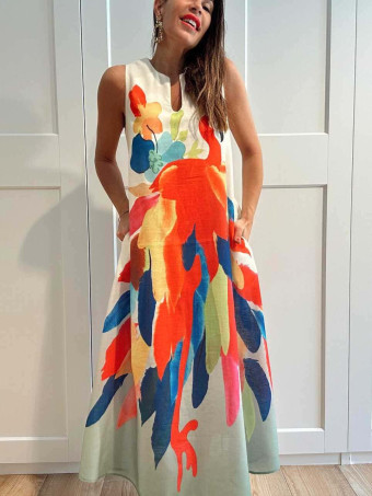 Vestido Evasé Estampado Tropical WUAKAYEN HEVE