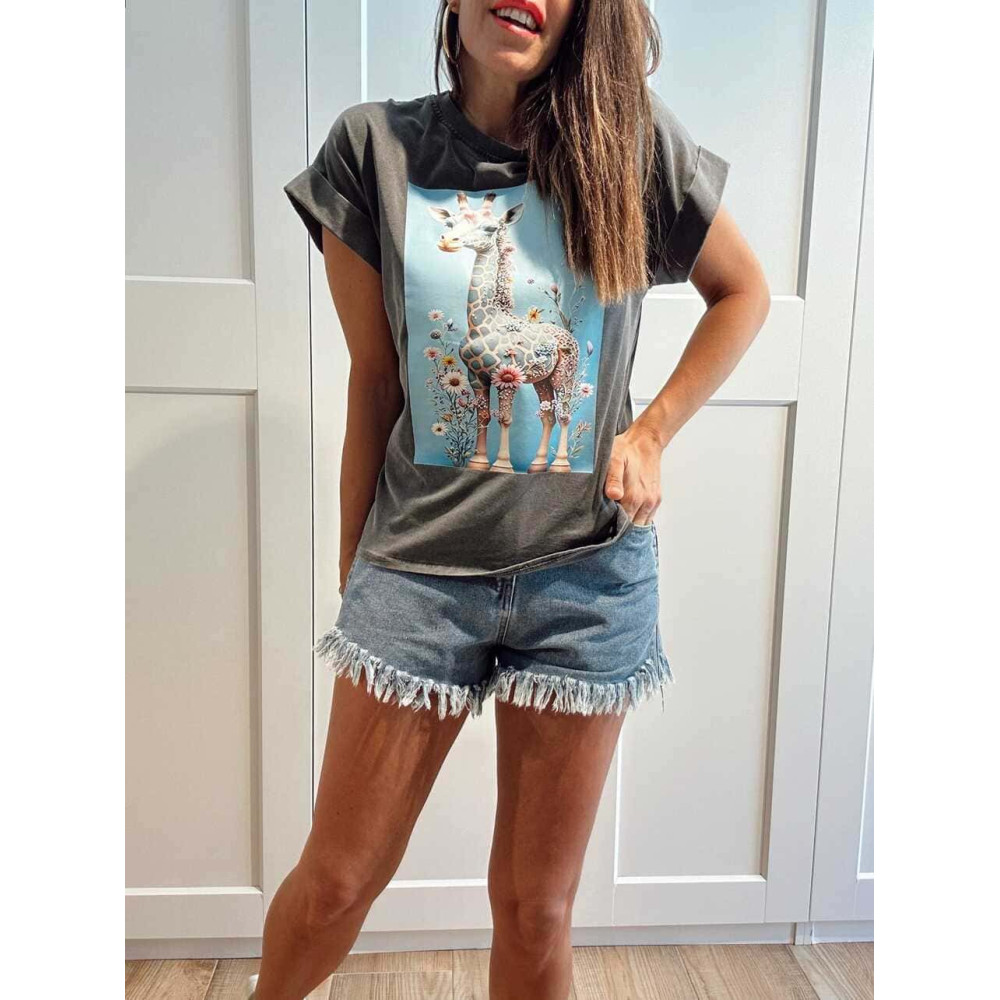 Camiseta Algodón CUTE GIRAFFE Gris HEVE