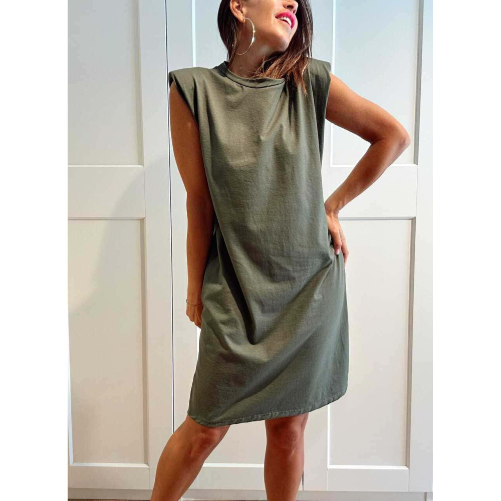 Vestido Corto Hombreras SHATTOU Verde Militar HEVE