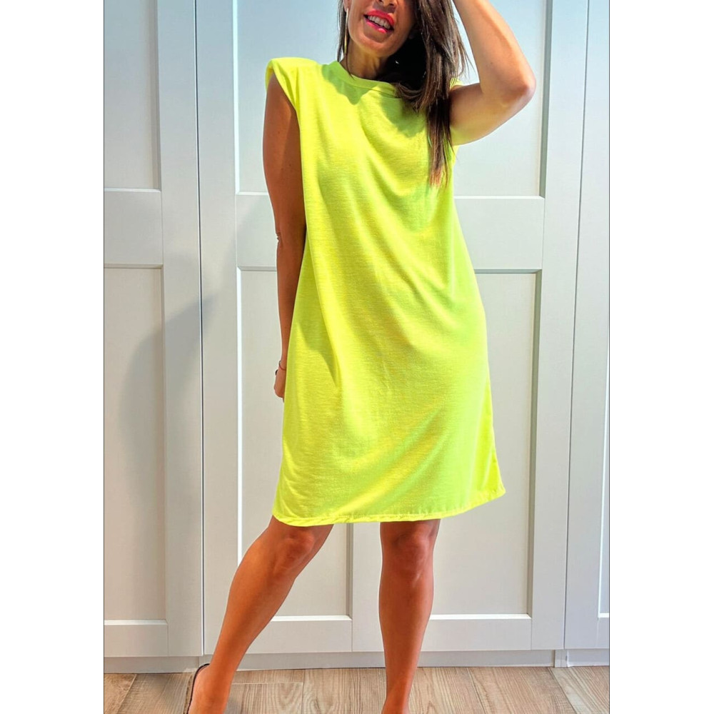 Vestido Corto Hombreras SHATTOU Amarillo Flúor HEVE
