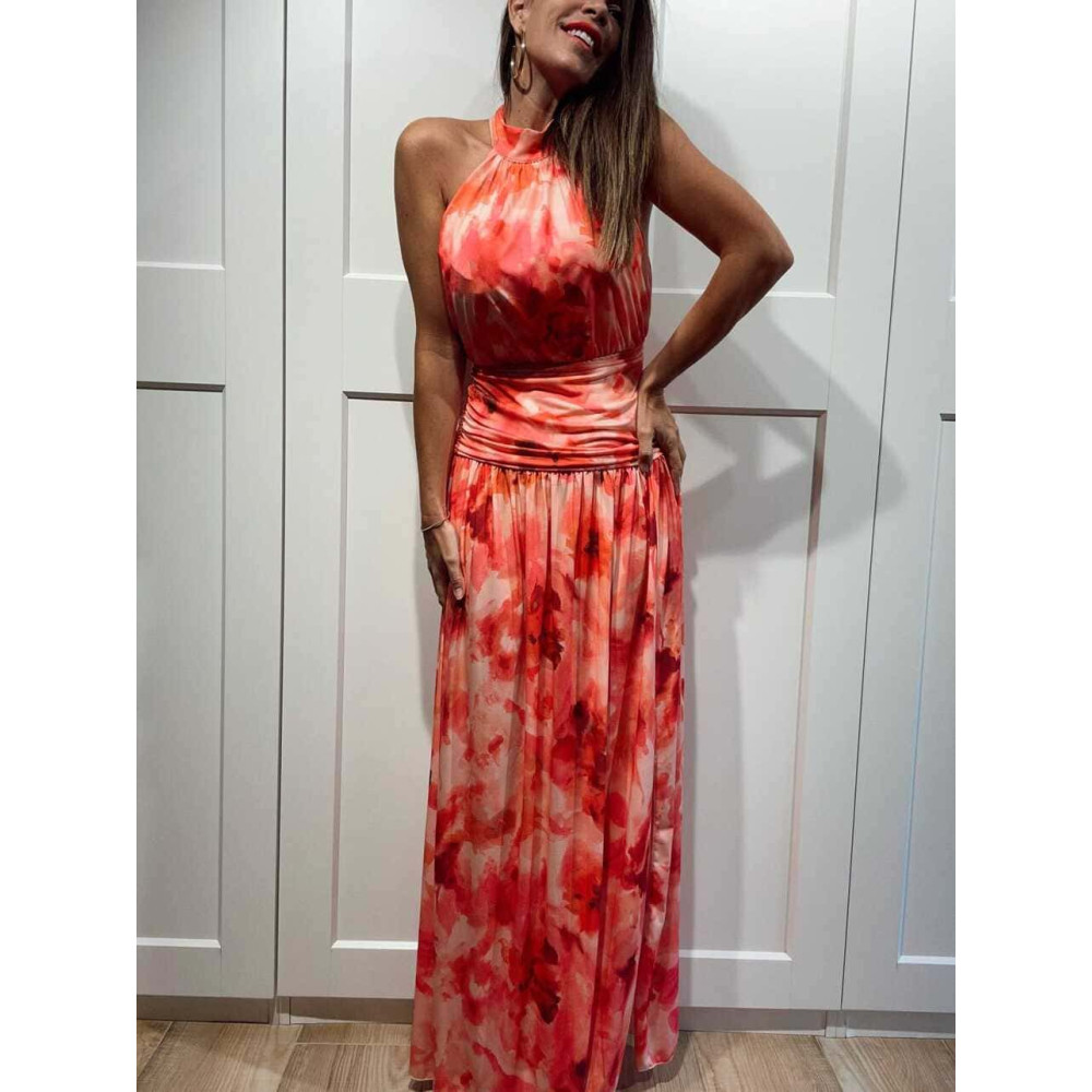 Vestido Halter Estampado KATALIA Coral HEVE