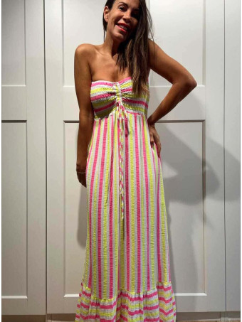 Vestido Rayas Palabra de Honor MAREVA Amarillo Flúor HEVE