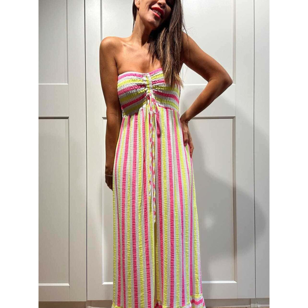 Vestido Rayas Palabra de Honor MAREVA Amarillo Flúor HEVE