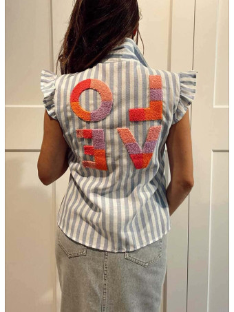 Camisa Rayas Manga Sisa con Volante LOVE Azul HEVE