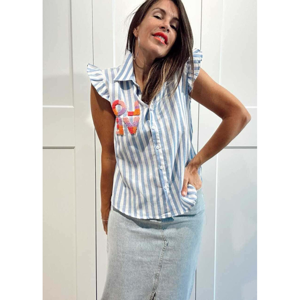 Camisa Rayas Manga Sisa con Volante LOVE Azul HEVE