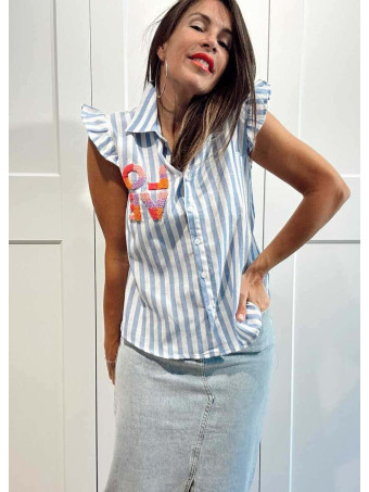 Camisa Rayas Manga Sisa con Volante LOVE Azul HEVE