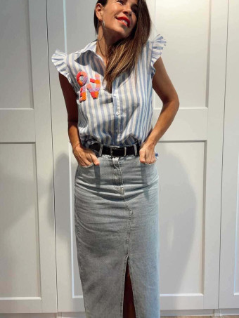Camisa Rayas Manga Sisa con Volante LOVE Azul HEVE