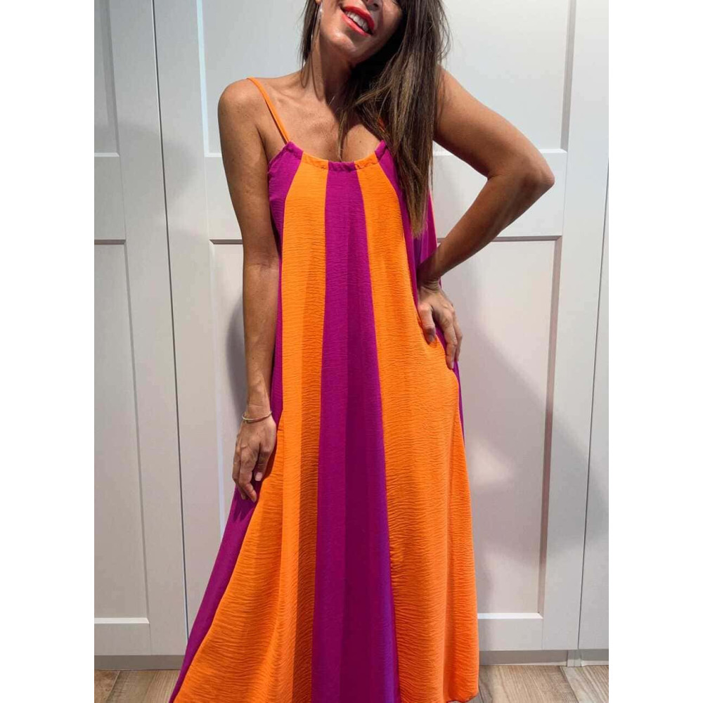 Vestido Rayas con Vuelo MALENA Naranja/Buganvilla HEVE