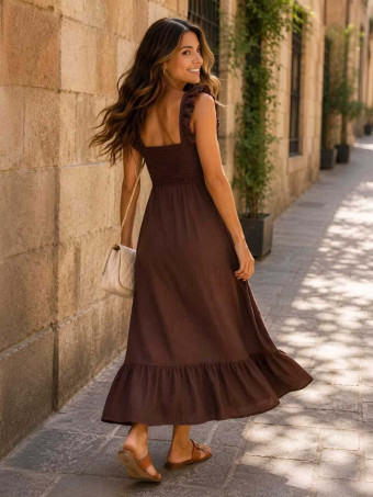 Vestido Largo Volantes VIANORA Marrón HEVE