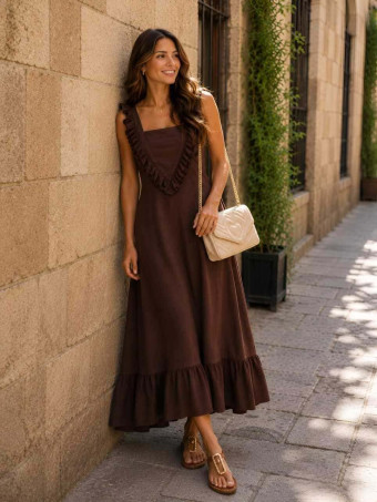 Vestido Largo Volantes VIANORA Marrón HEVE