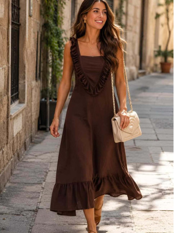 Vestido Largo Volantes VIANORA Marrón HEVE