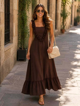 Vestido Largo Volantes VIANORA Marrón HEVE