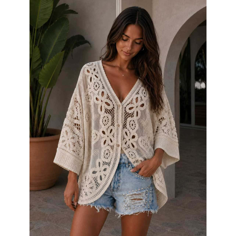 Cárdigan Crochet Combinada SHILOH Beige HEVE