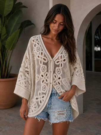 Cárdigan Crochet Combinada SHILOH Beige HEVE