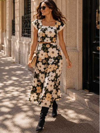 Conjunto Estampado Flores CAMILLE Beige HEVE