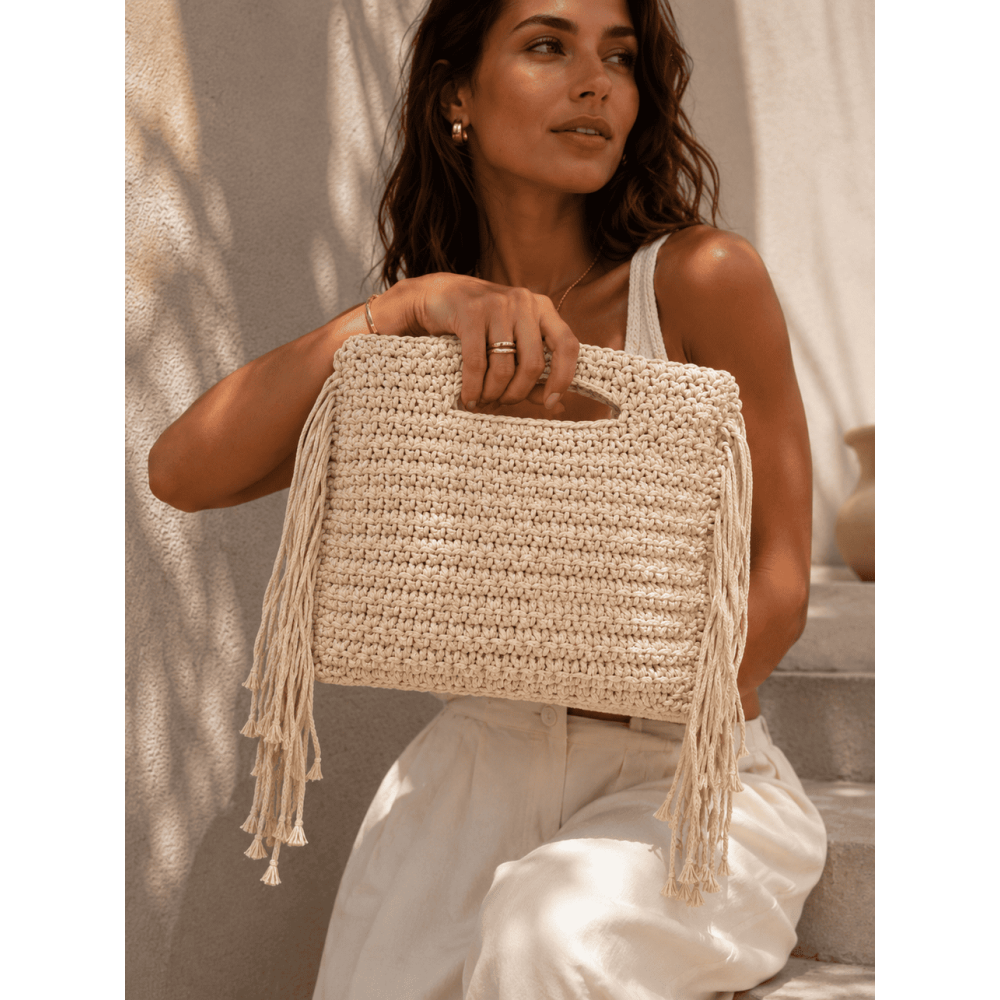 Bolso Macramé Flecos ZARENA Beige HEVE