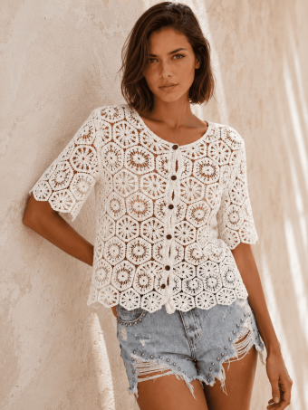 Cárdigan Crochet Manga Corta SYLAR Blanco HEVE