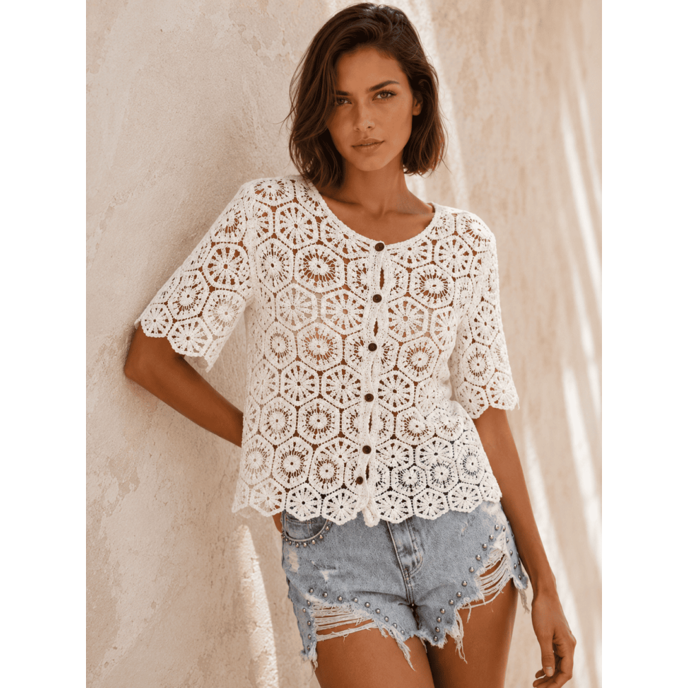 Cárdigan Crochet Manga Corta SYLAR Blanco HEVE