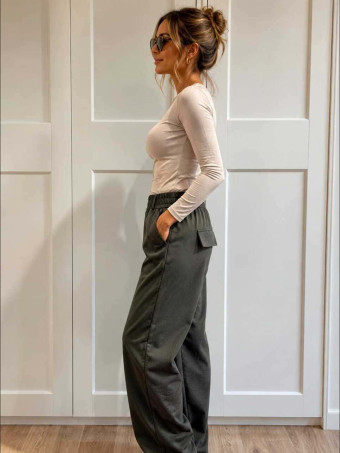 Pantalón Wide Leg con Cinturón BASSLEE Verde Oliva HEVE