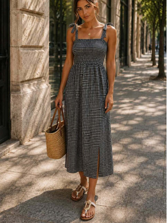 Vestido Vichy Nido de Abeja MAHIRA Negro HEVE