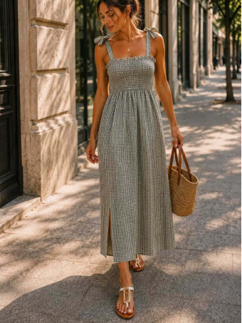 Vestido Vichy Nido de Abeja MAHIRA Khaki HEVE