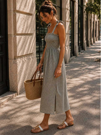 Vestido Vichy Nido de Abeja MAHIRA Khaki HEVE