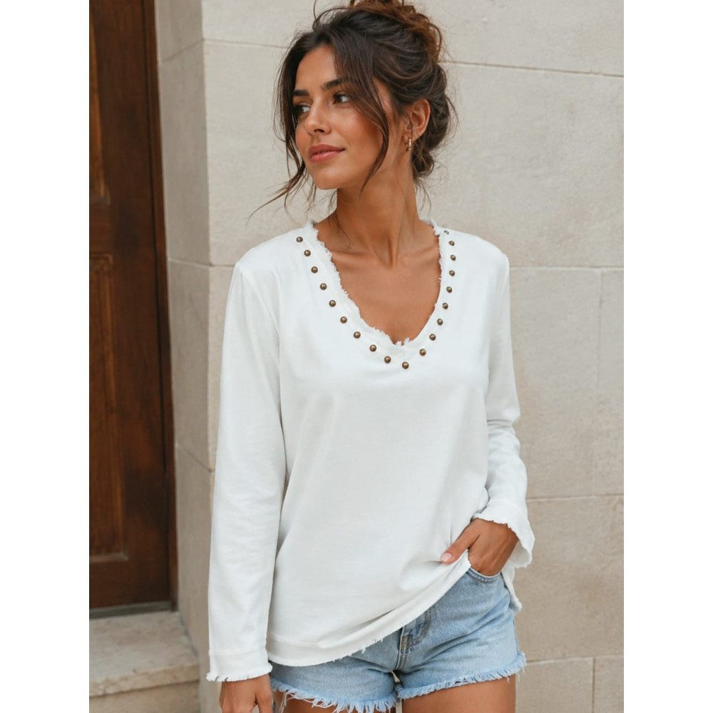 Camiseta Tachas Manga Larga DELORA Blanco - HEVE
