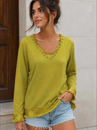 Camiseta Tachas Manga Larga DELORA Verde Pistacho - HEVE