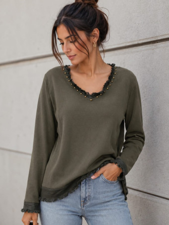 Camiseta Tachas Manga Larga DELORA Marrón - HEVE