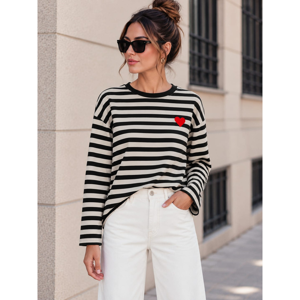 Camiseta Manga Larga Rayas TREVIA Beige/Negro HEVE
