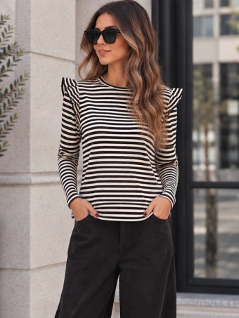 Camiseta Rayas con Volante MILLIE Beige/Negro HEVE