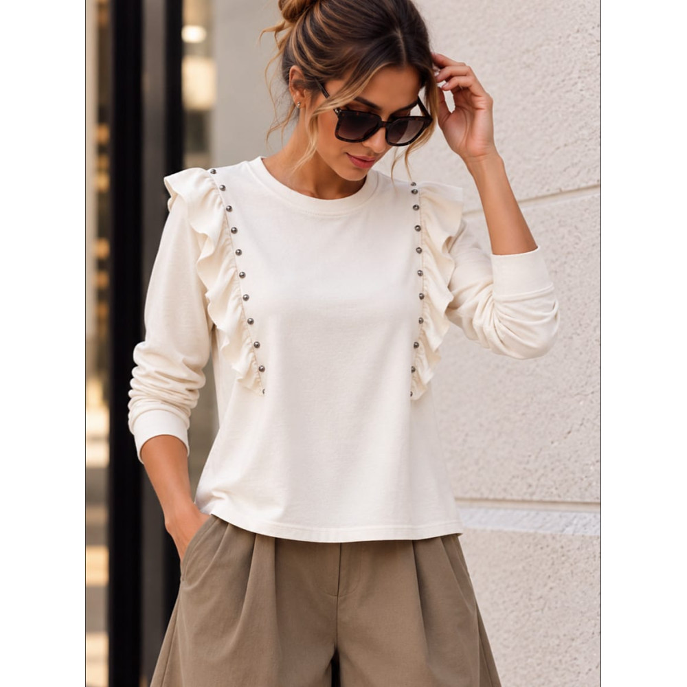 Camiseta Tachas con Volante BRIELA Beige HEVE